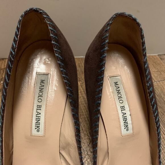 ▪️SOLD▪️Manolo Blahnik Chocolate Brown Suede -Peep TOE -Blue Lacing  39 1/2 M - Picture 8 of 15